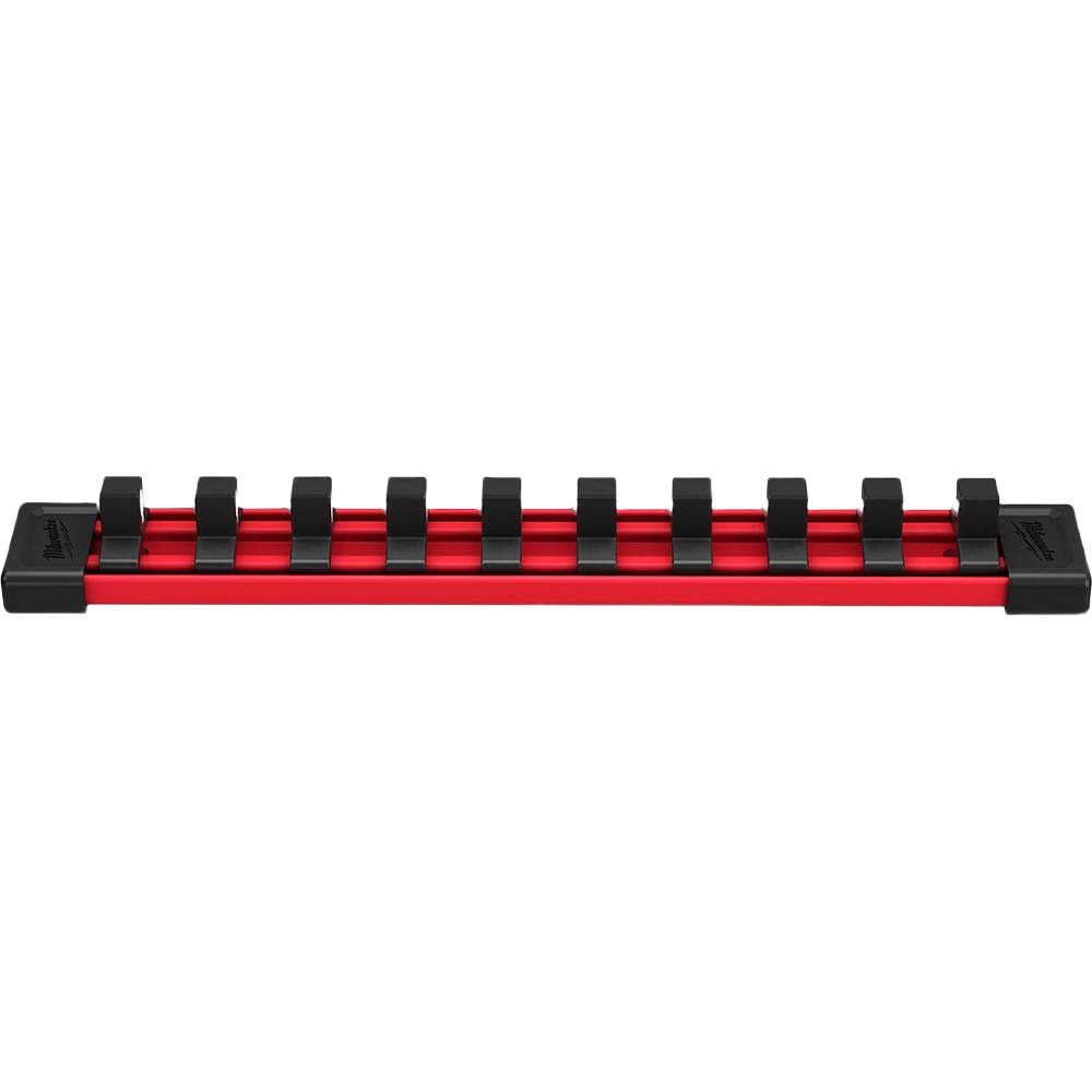 Red metal square socket rail with black clips for customizable tool storage and workshop organization under $50