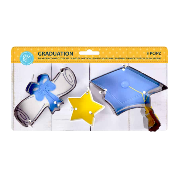 Set of three steel graduation cookie cutters including cap, diploma, and star shapes for kitchen and bakeware collections.