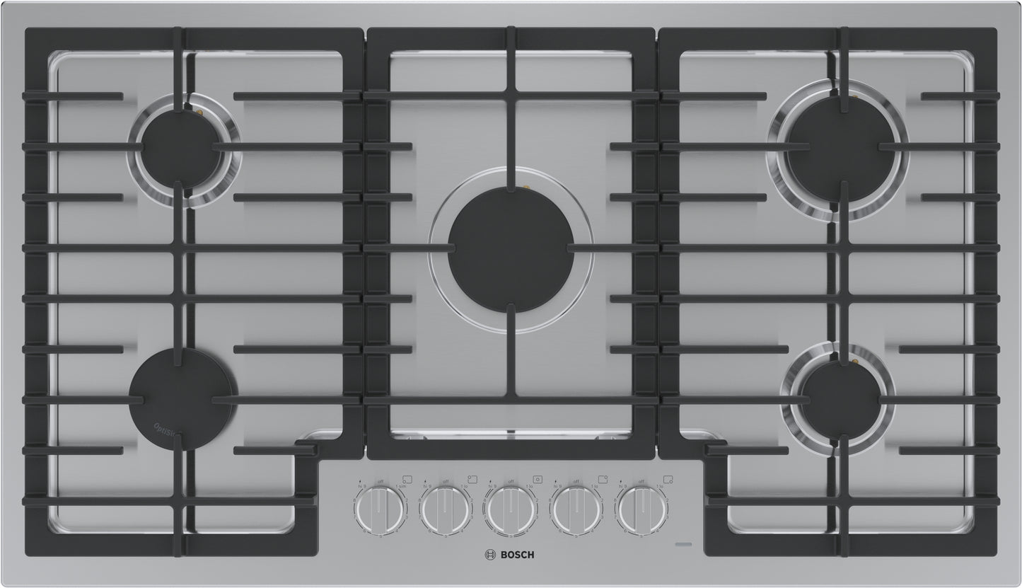 Stainless steel 36-inch gas cooktop with five burners and front control knobs in modern kitchenware collection