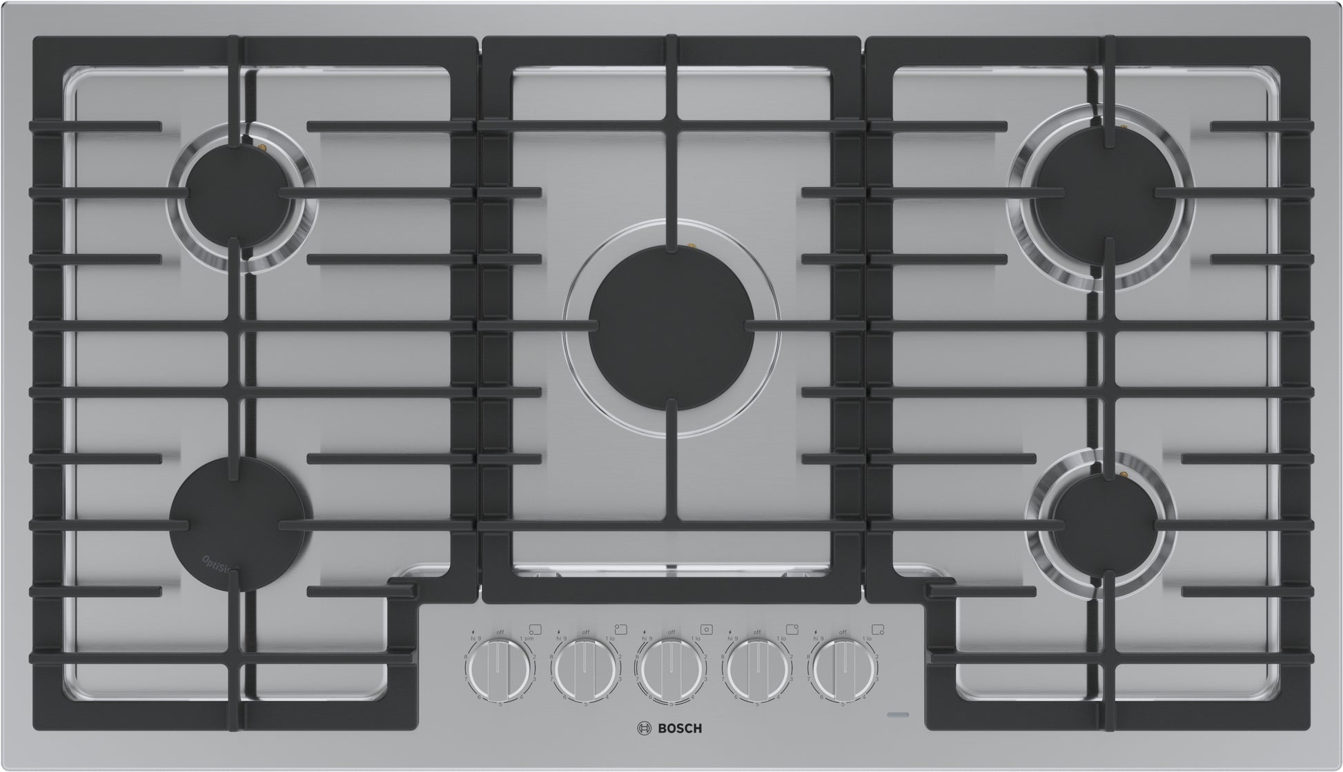 Stainless steel 36-inch gas cooktop with five burners and front control knobs in modern kitchenware collection