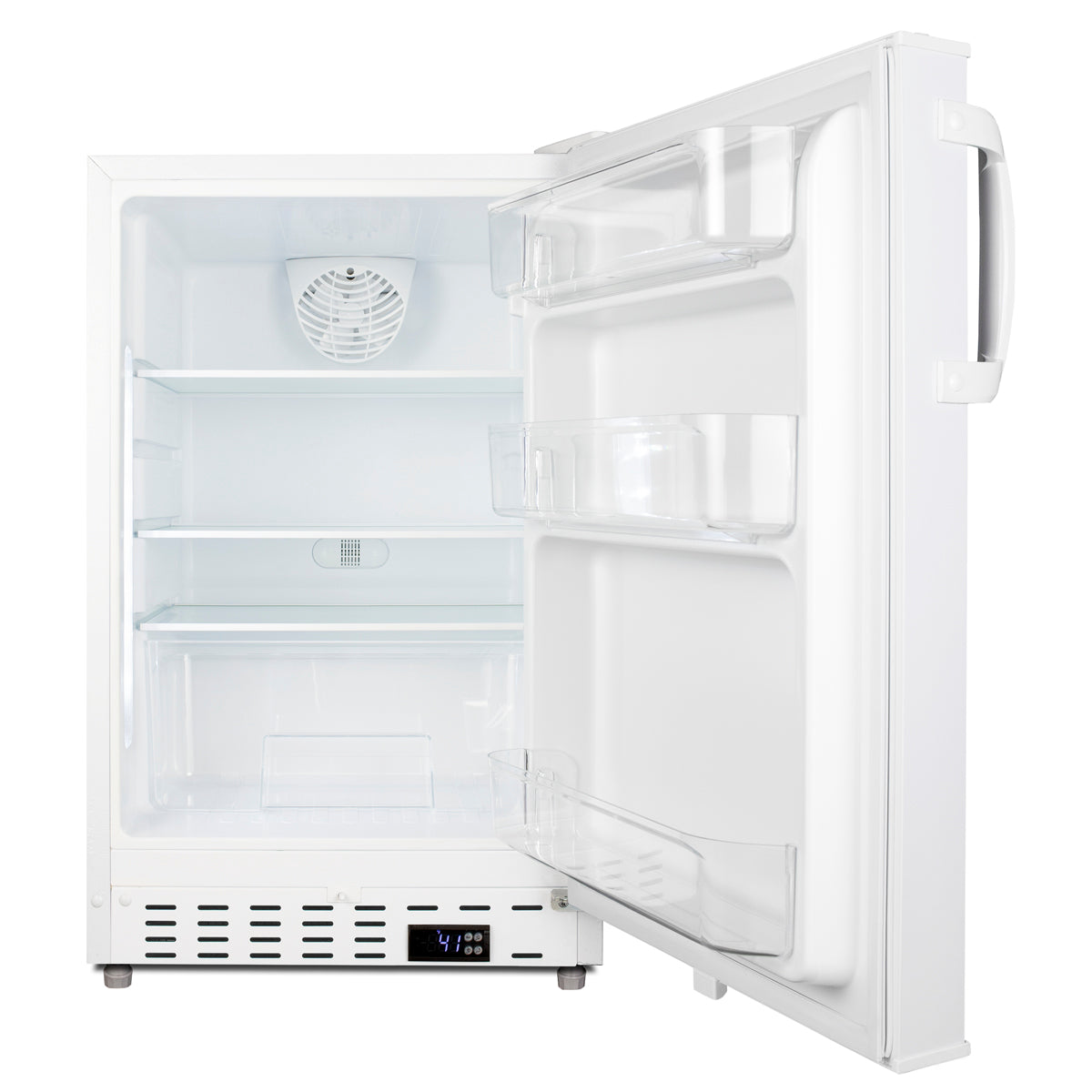 White built-in undercounter all-refrigerator with digital control panel and clear shelving in Refrigerators and Kitchenware collections