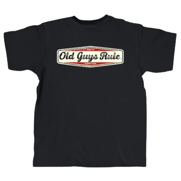 Black short-sleeve shirt with vintage-style Old Guys Rule logo printed across the chest in faded red and cream colors