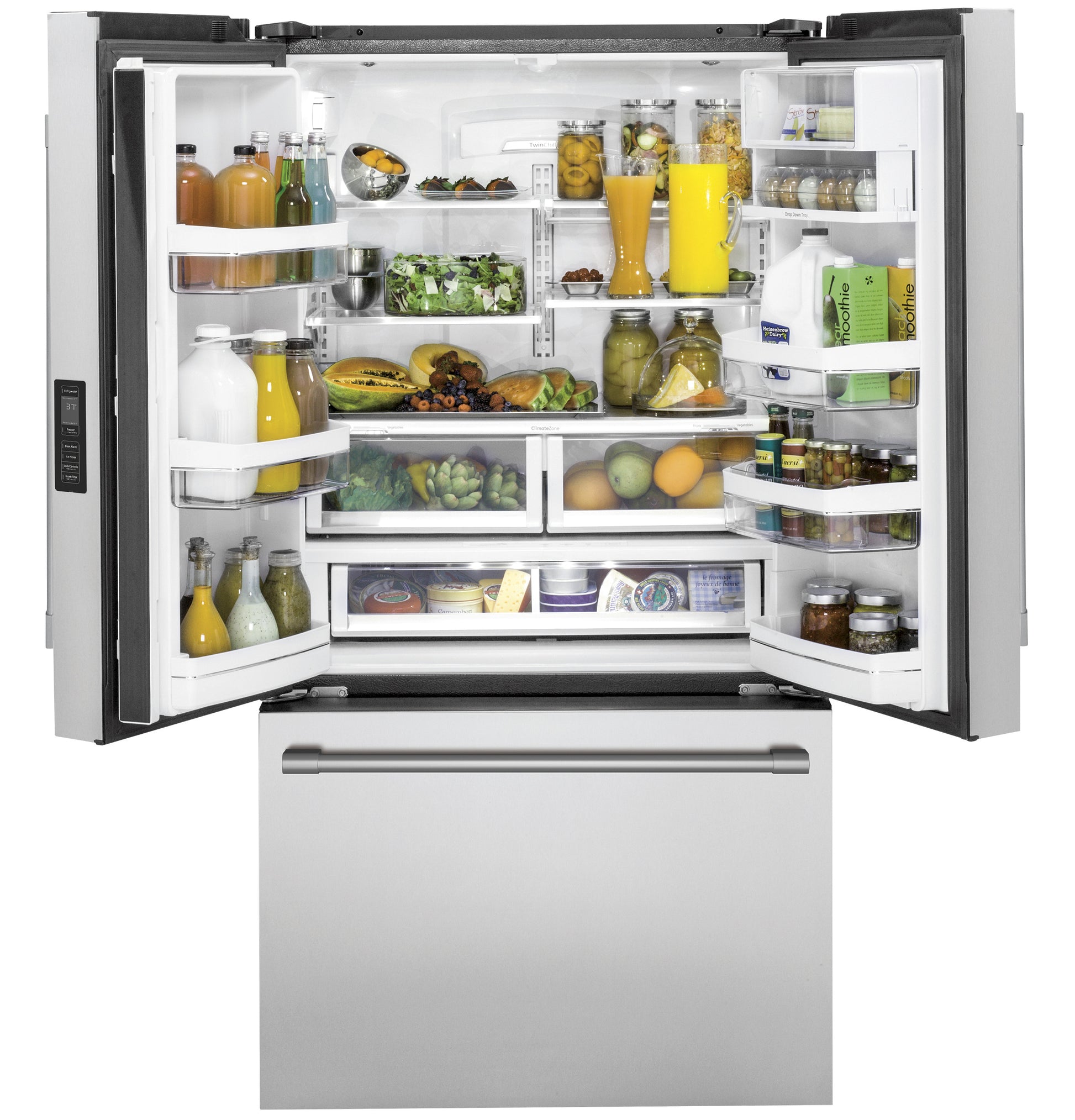 Open stainless steel French-door refrigerator with organized shelves filled with drinks, fruits, and groceries in kitchen appliances collection
