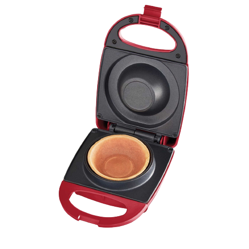 Compact red waffle bowl maker with non-stick dual plates for creating snack bowls in small kitchen appliances collection