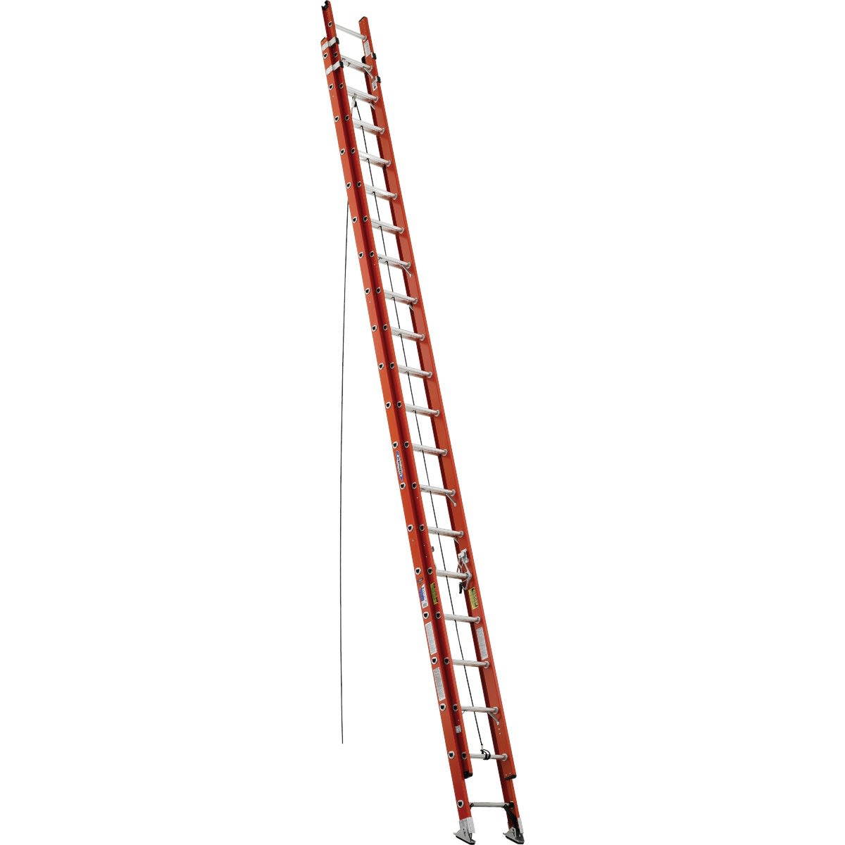 Tall fiberglass extension ladder with safety locks and metal rungs for tools and home improvement tasks