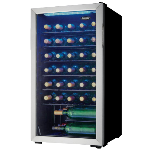 36 Bottle Wine Cooler, Interior Blue LED Lighting, Wire Shelves
