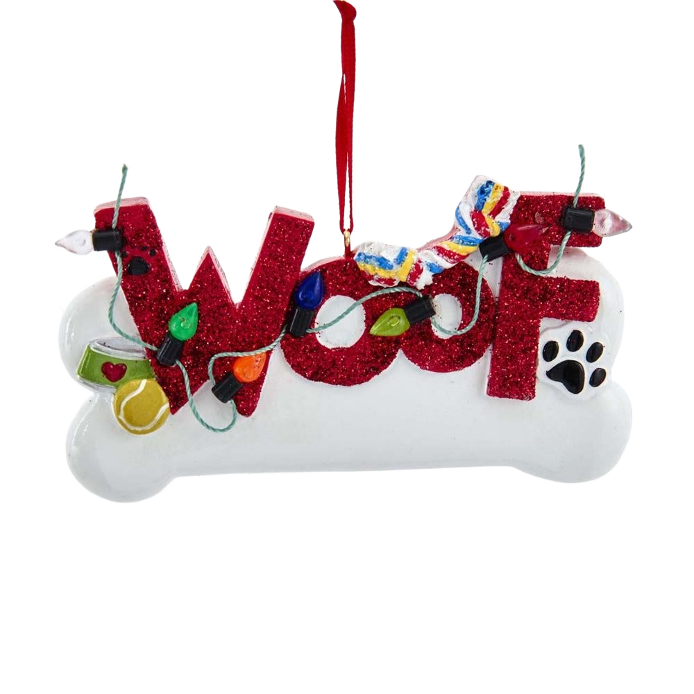 Red glitter WOOF decoration on white bone shape with colorful lights and paw print for Christmas ornaments under $50