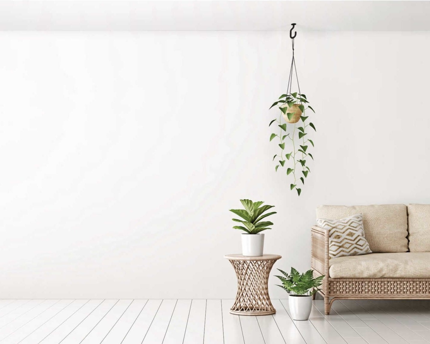 Black steel modern ceiling J-hook hanger suspending potted trailing plant in minimalist living room setting