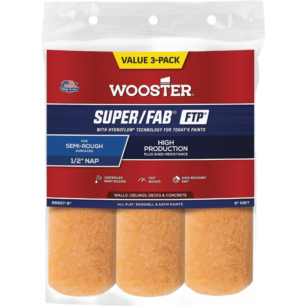 Three-pack of orange knit fabric paint roller covers with 1/2 inch nap for smooth to semi-rough surfaces in paint supplies collection