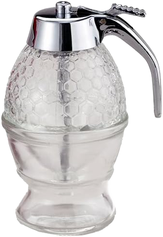 Glass syrup dispenser with textured honeycomb design and chrome-plated lid for kitchen storage and gadgets under $50 collection