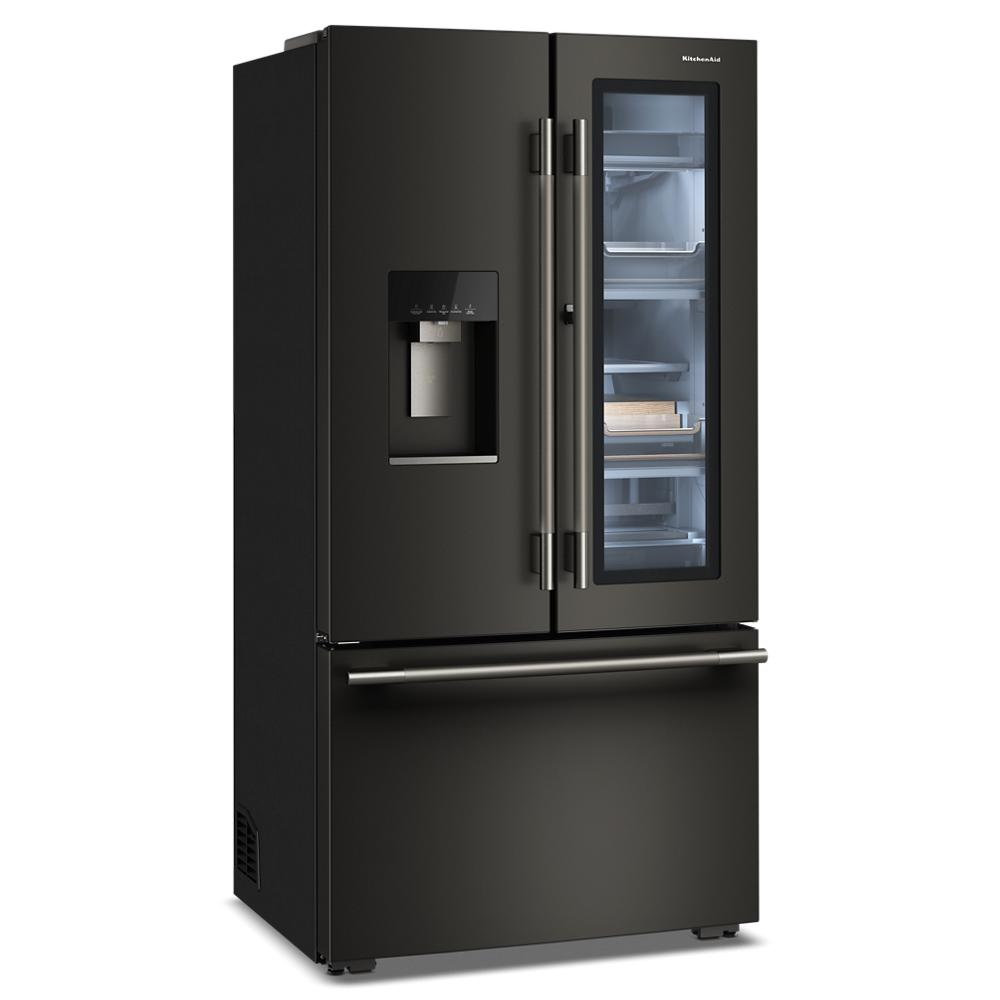 Angled view of a black counter-depth French door refrigerator with ClearVue™ glass door panel, internal water dispenser, and bottom freezer drawer, part of Refrigerators, French Door Refrigerators, Kitchen & Kitchenware, All Products, KitchenAid, and Appliances collections.