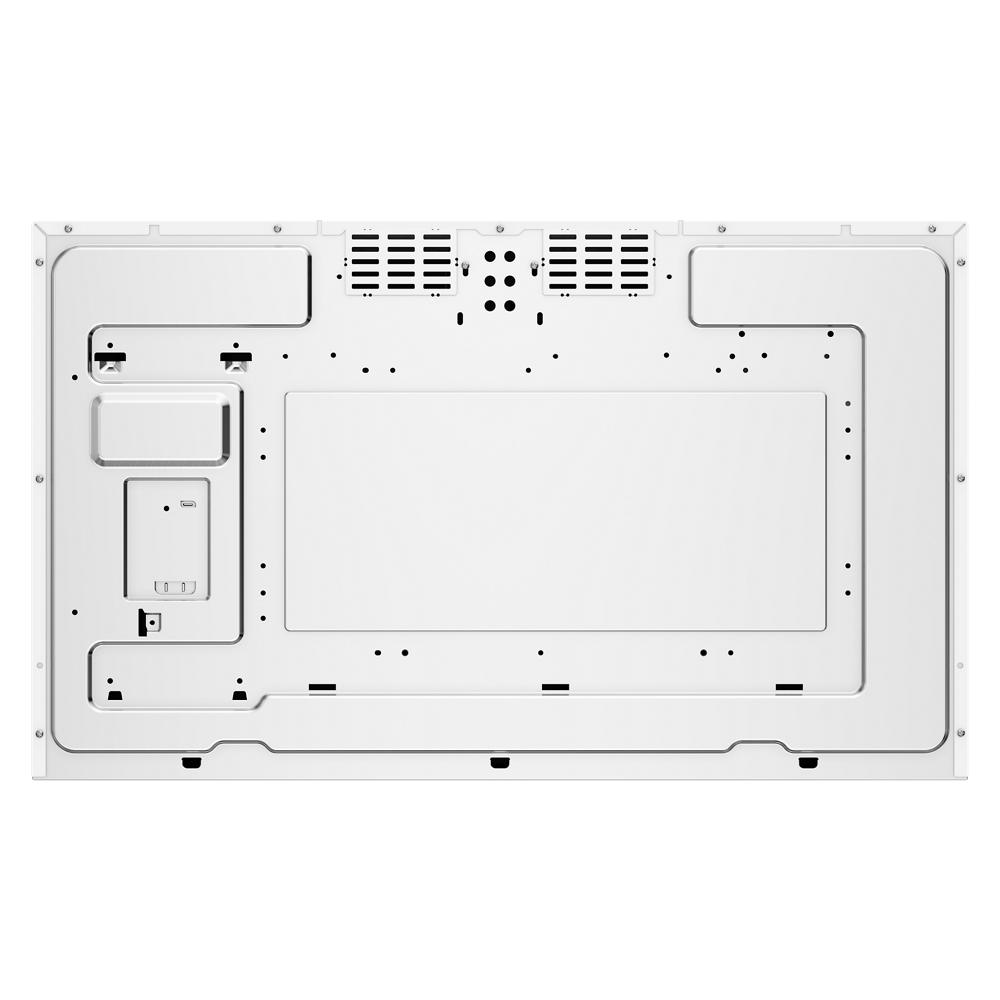 Rear panel view of a white flush mount microwave displaying ventilation and mounting points for kitchen appliances collections