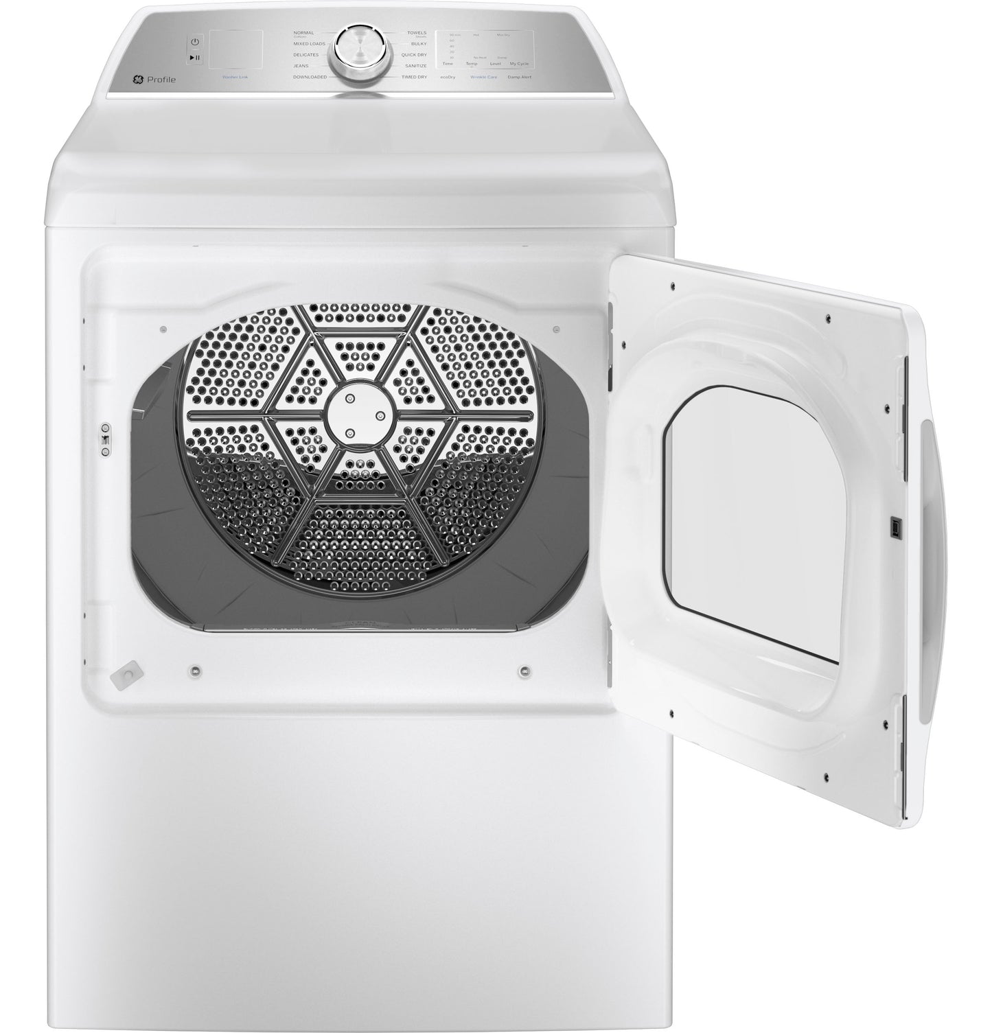 White gas dryer with open door showing aluminized alloy drum and control dial for Dryers and Gas Dryers collections