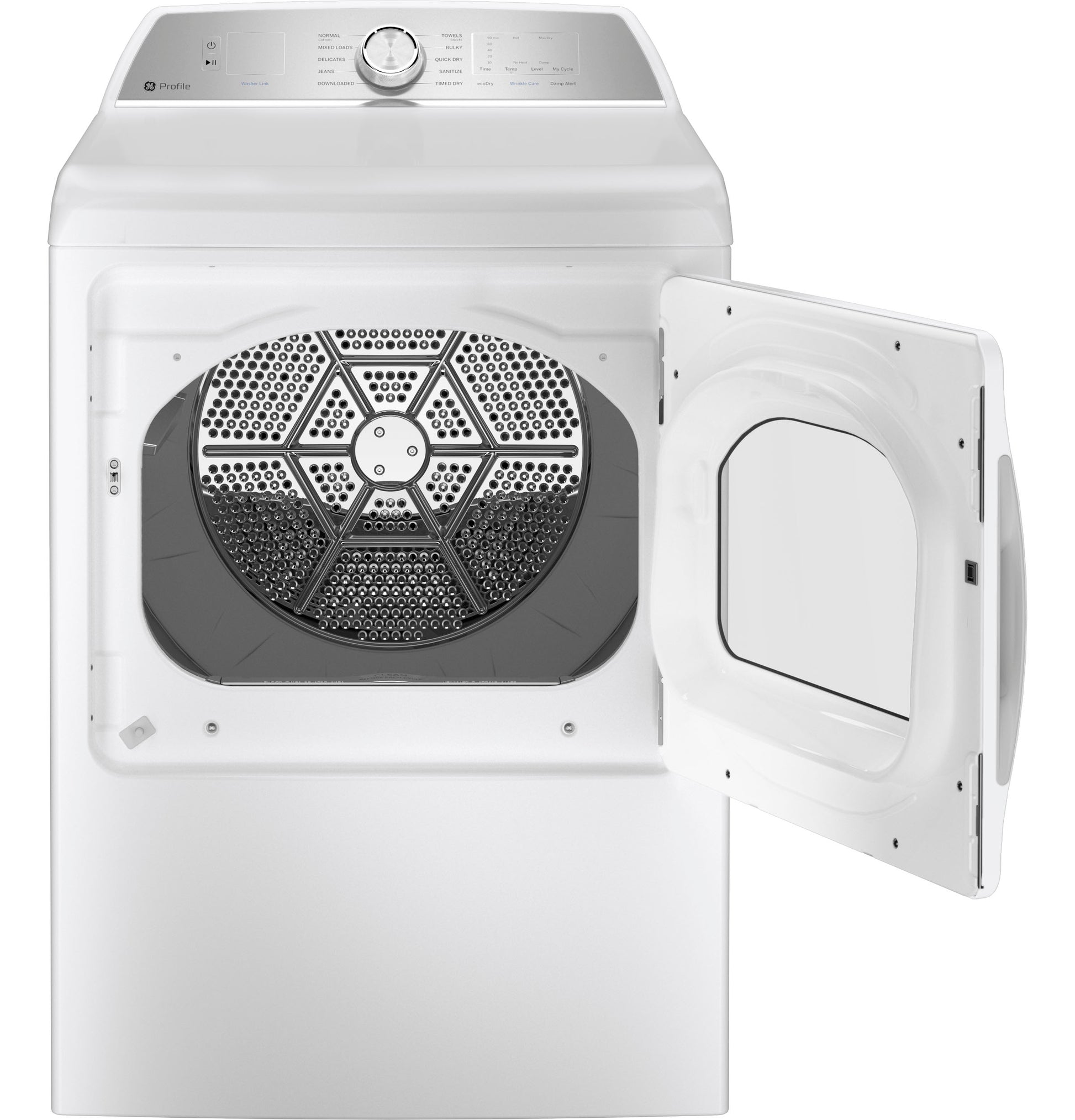 White gas dryer with open door showing aluminized alloy drum and control dial for Dryers and Gas Dryers collections
