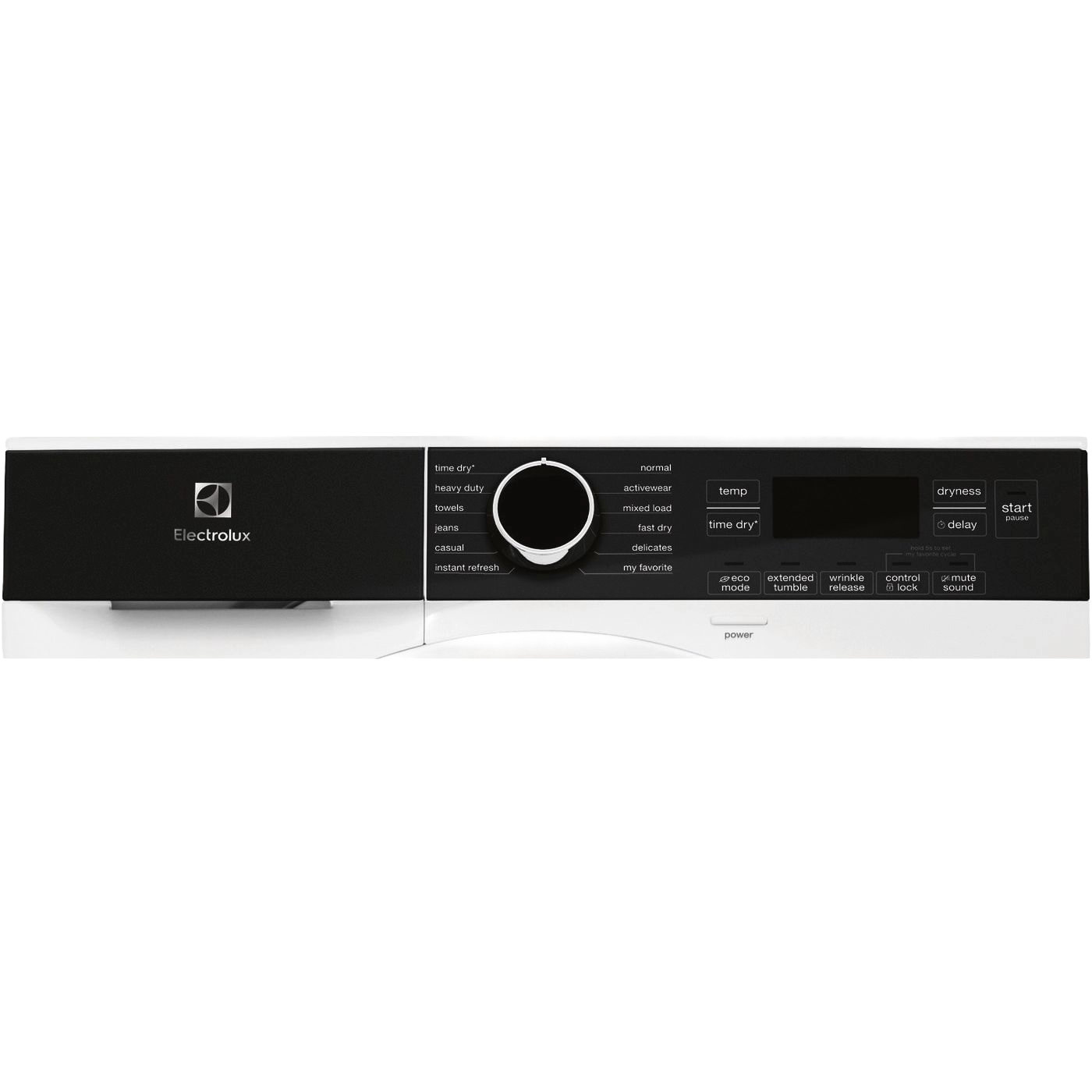 Control panel for a compact front load ventless dryer featuring multiple cycle options and digital buttons from dryers collection