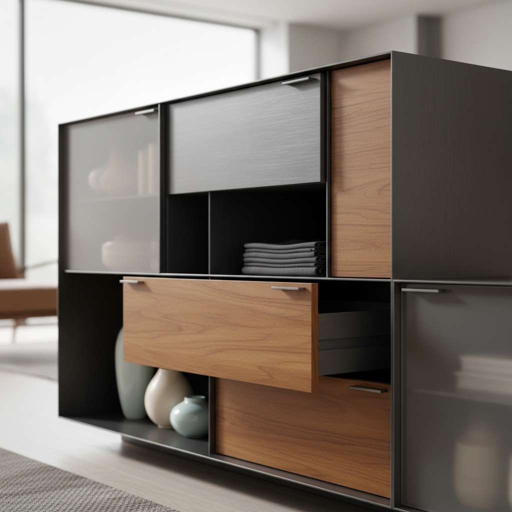 Contemporary storage cabinet with mixed wood and matte black panels, frosted glass doors, and slim metal handles in a bright living room setting.