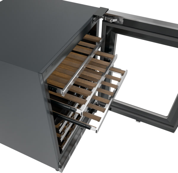 Under counter stainless steel wine cooler with glass door and wooden sliding shelves from Thermador appliances collection