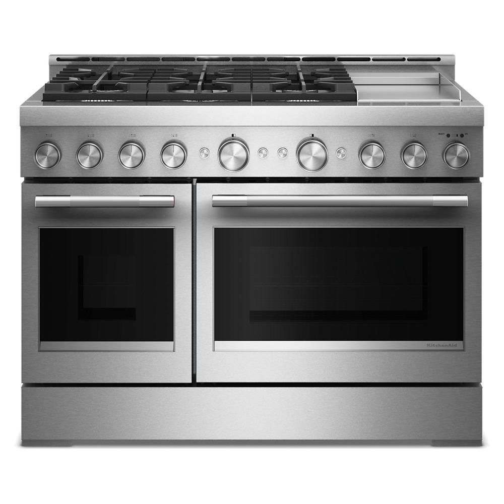 Stainless steel 48-inch commercial-style gas range with six burners, griddle, and dual ovens in kitchen appliances collection