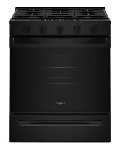 black 30-inch gas range with five burner grates and control knobs in kitchen appliances collection