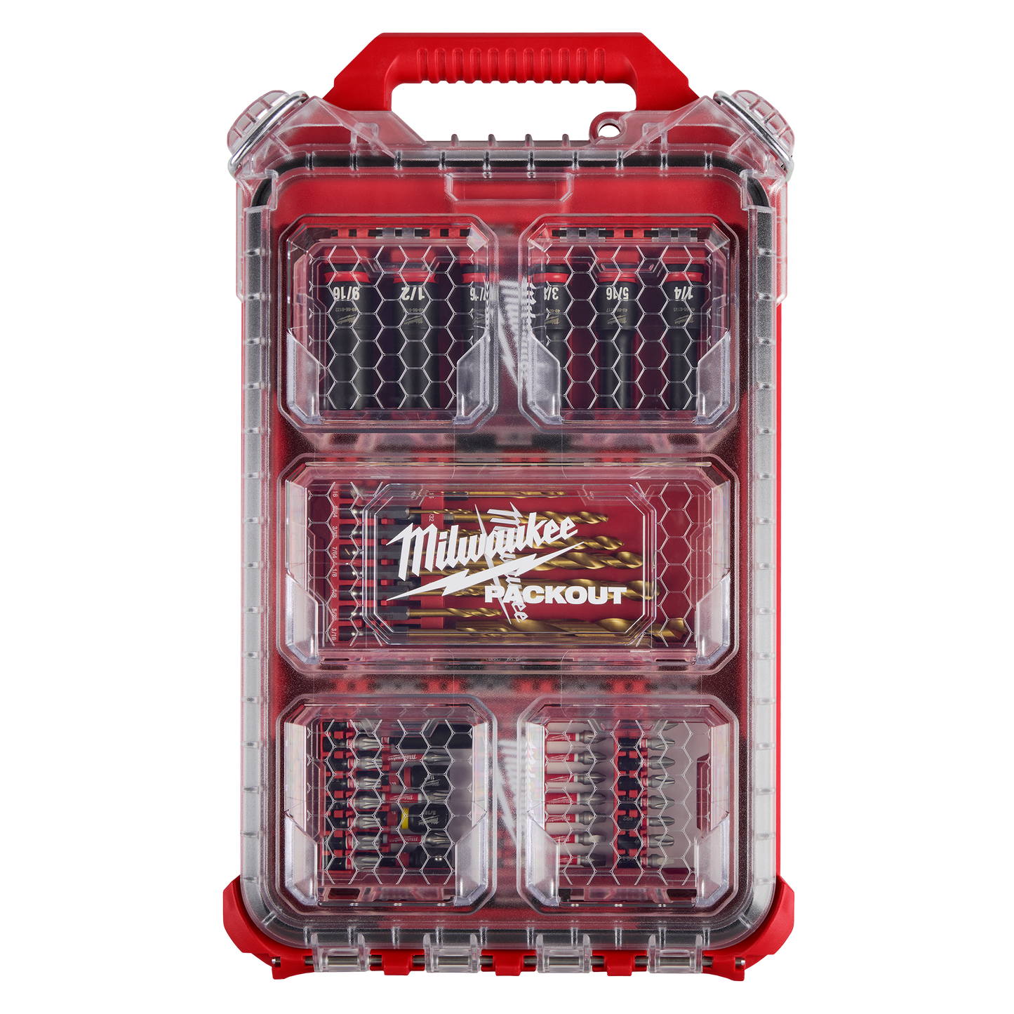 Red and clear Milwaukee PACKOUT™ hard plastic case containing a 60-piece SHOCKWAVE™ Impact Duty drill and fastening bit set, part of tool accessories at Hartville Hardware for home improvement and woodworking projects.