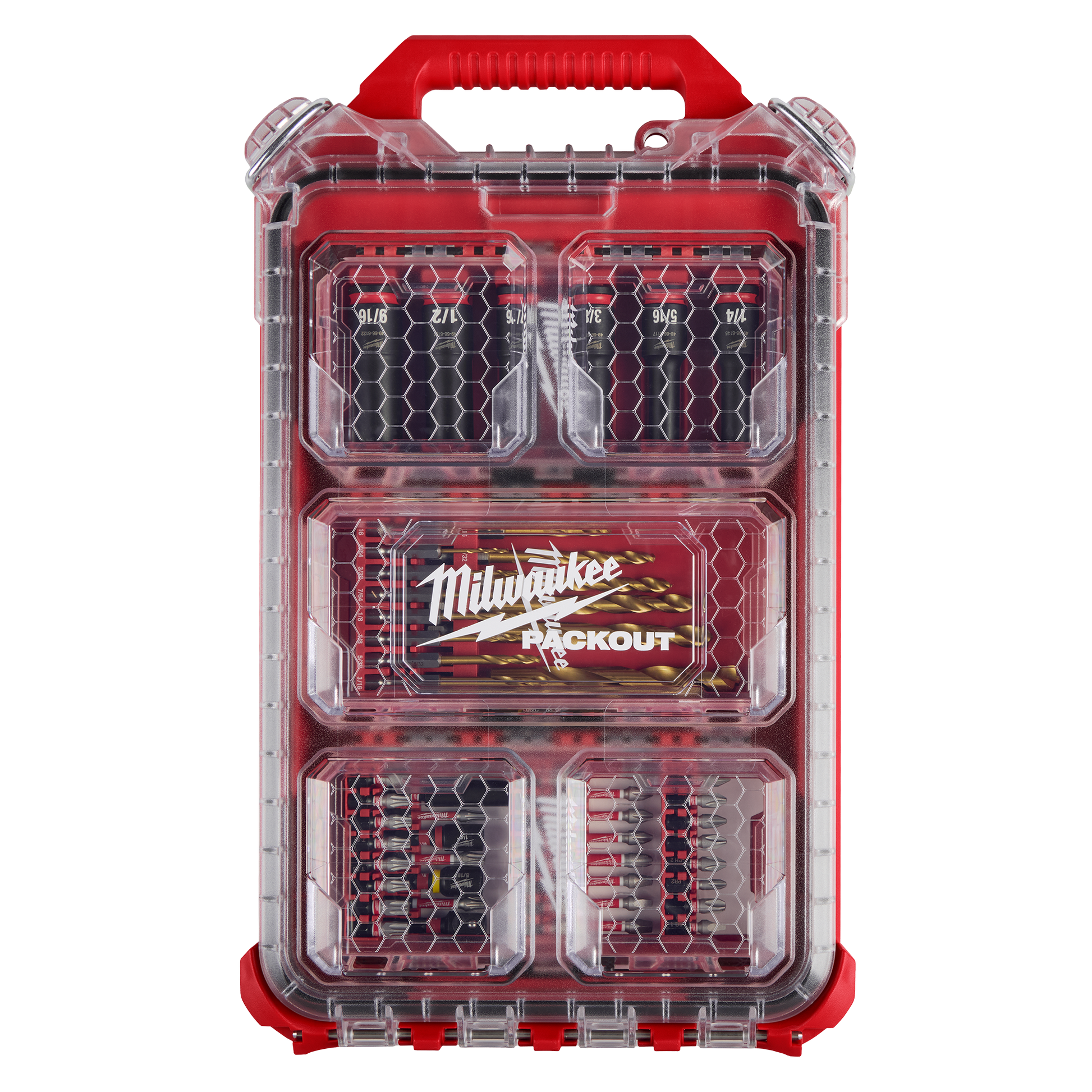 Red and clear Milwaukee PACKOUT™ hard plastic case containing a 60-piece SHOCKWAVE™ Impact Duty drill and fastening bit set, part of tool accessories at Hartville Hardware for home improvement and woodworking projects.