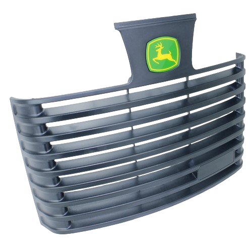 Black replacement grille with green and yellow tractor emblem for John Deere products in parts and lubricants collection
