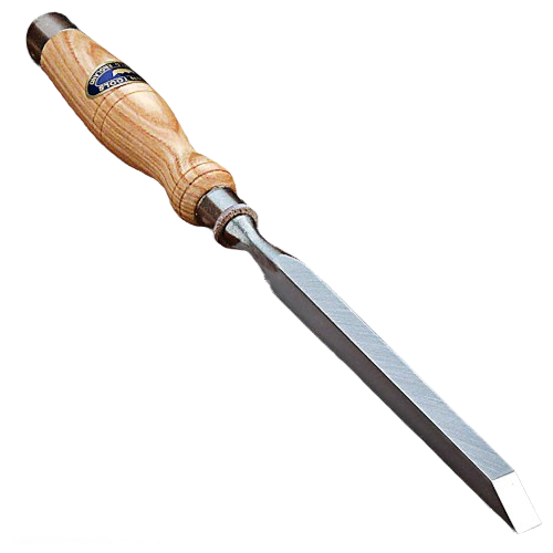 Wood handle mortising chisel with sharp 3/8-inch steel blade for precise woodworking and home improvement tasks