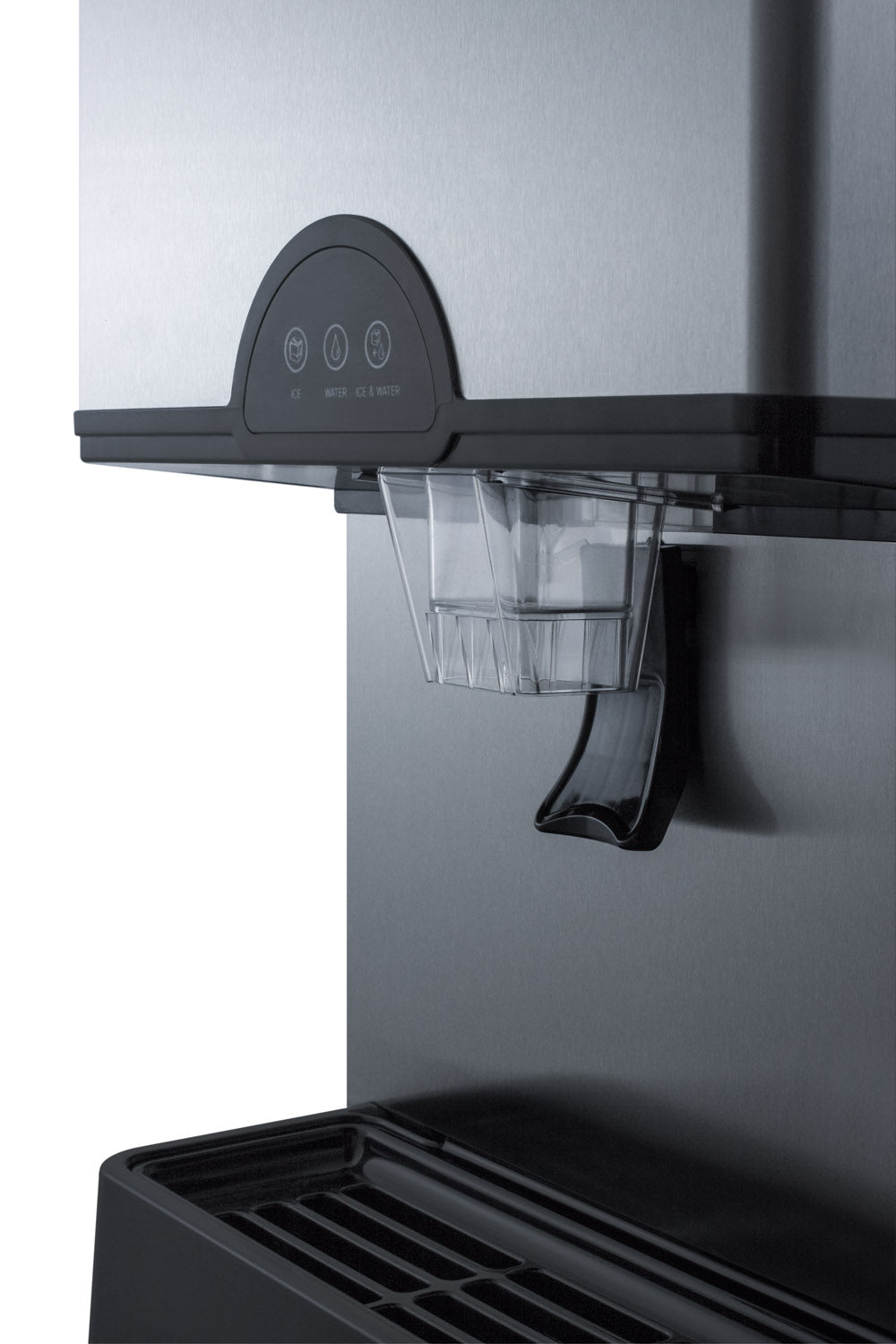 Stainless steel countertop dispenser with clear ice container and black drip tray for kitchen and beverage appliances collection