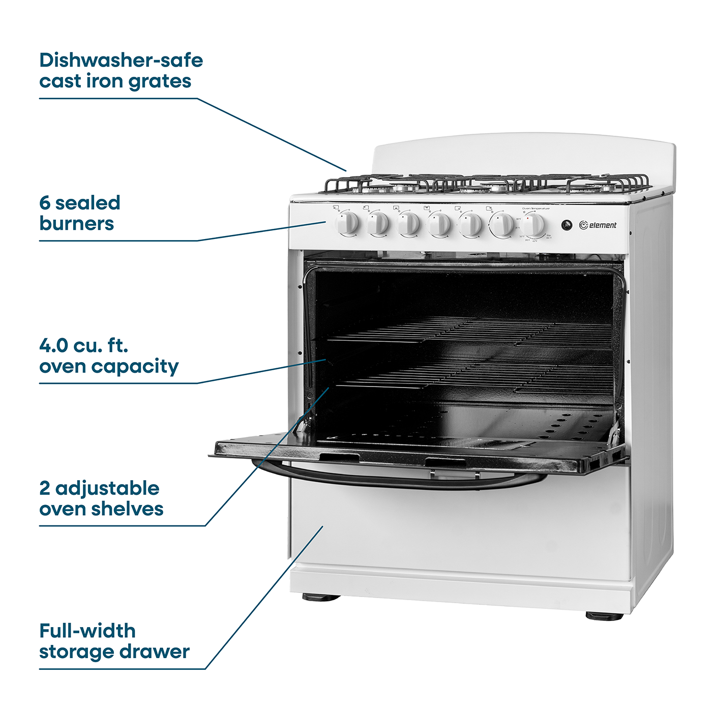 Element Electronics 4.0 cu. ft. 30", 6-Burner Gas Range (EEGR3A6MCCW)