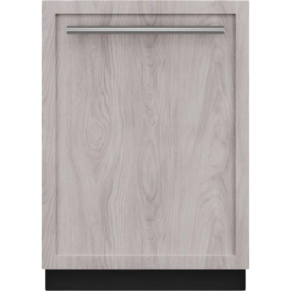 24-inch custom panel ready dishwasher front with light wood grain finish and sleek metal handle