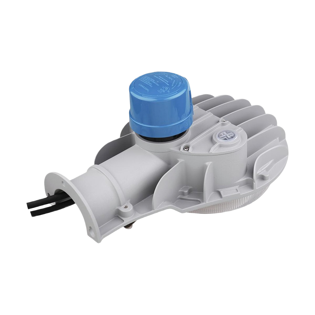 Gray LED area light fixture with blue photocell sensor, durable aluminum housing for outdoor lighting and electrical projects