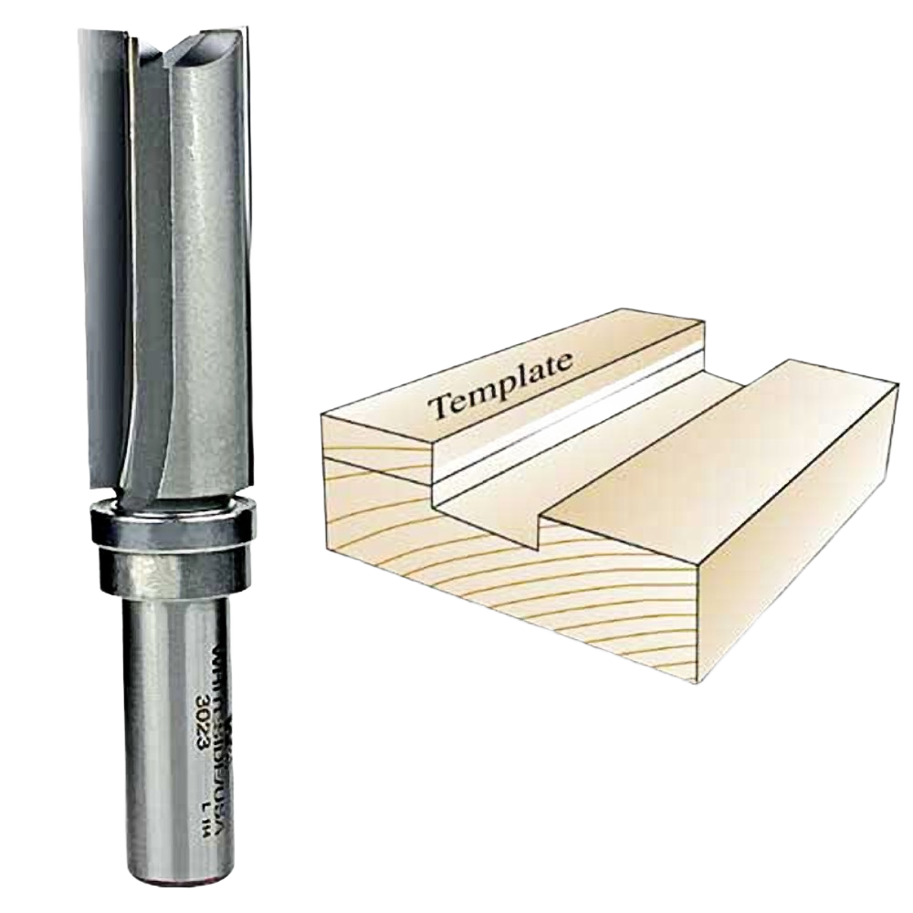 Carbide-tipped router bit with straight cutting edges shown alongside wood template for precise groove cutting in home improvement tasks