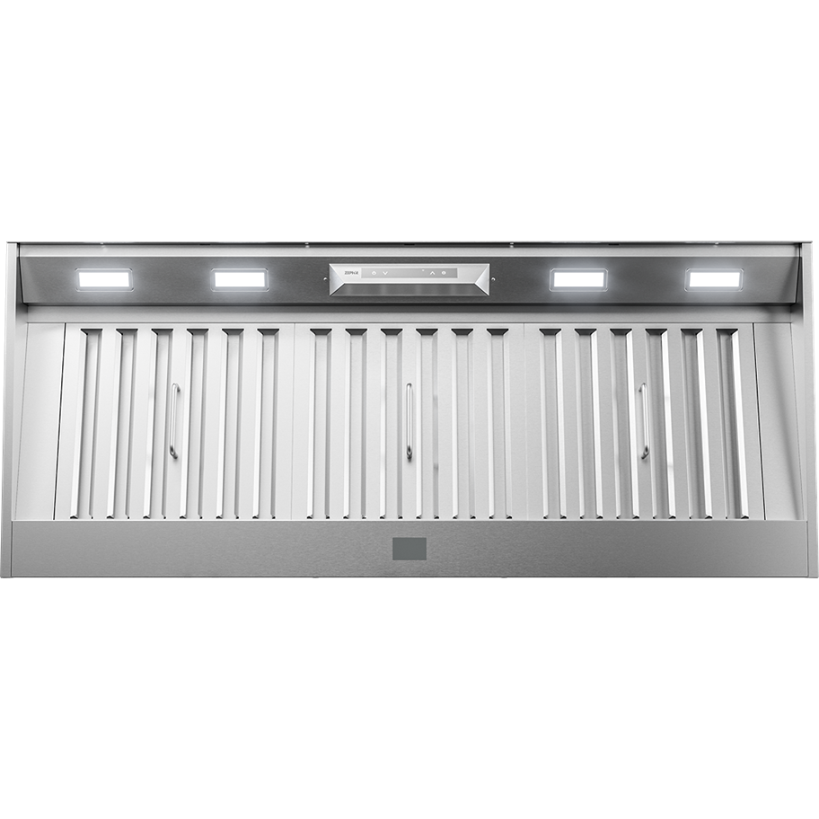 Stainless steel range hood insert with LED lights and baffle filters in kitchen and over the range hoods collections