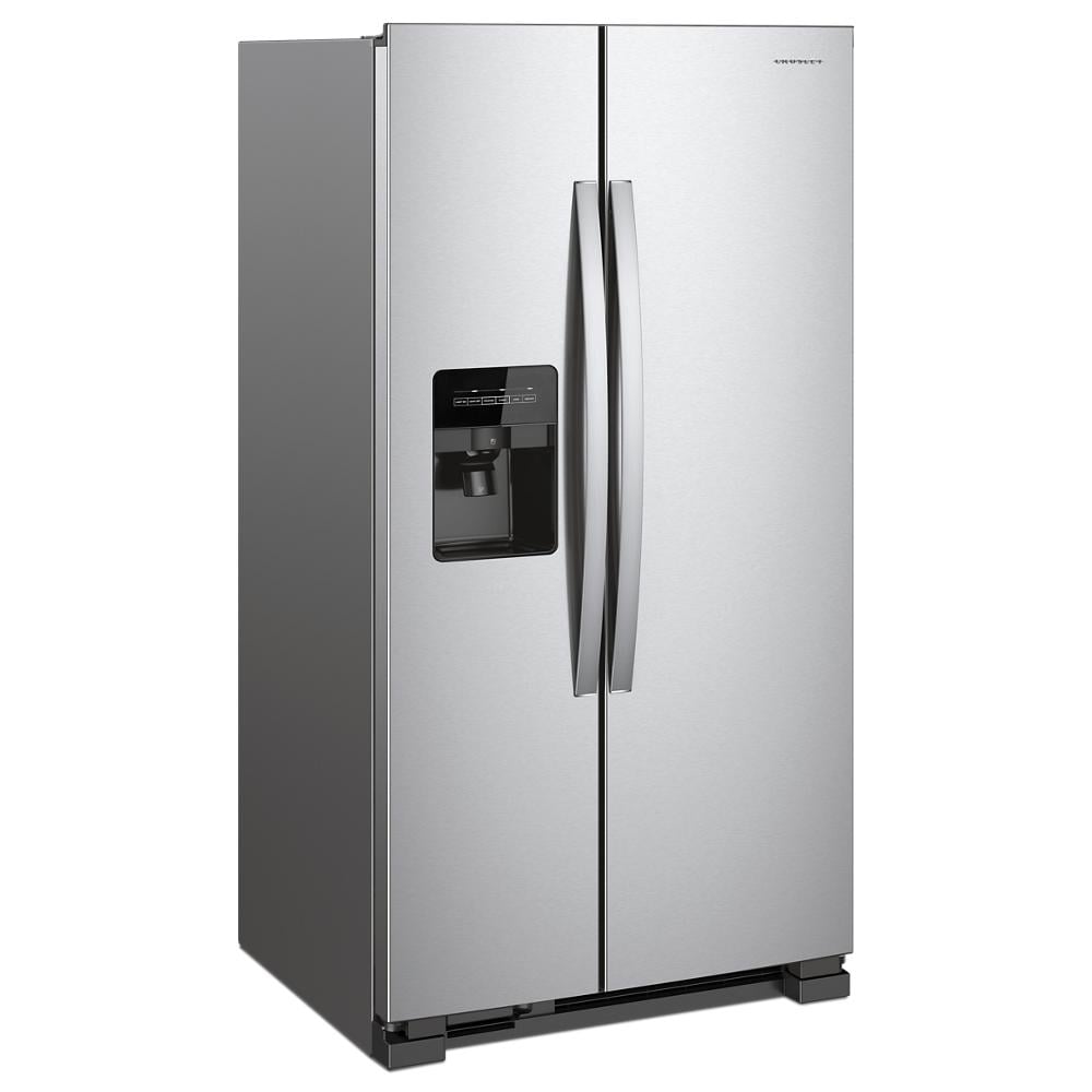 36-inch wide side-by-side stainless steel refrigerator with external water dispenser in kitchen appliances collection