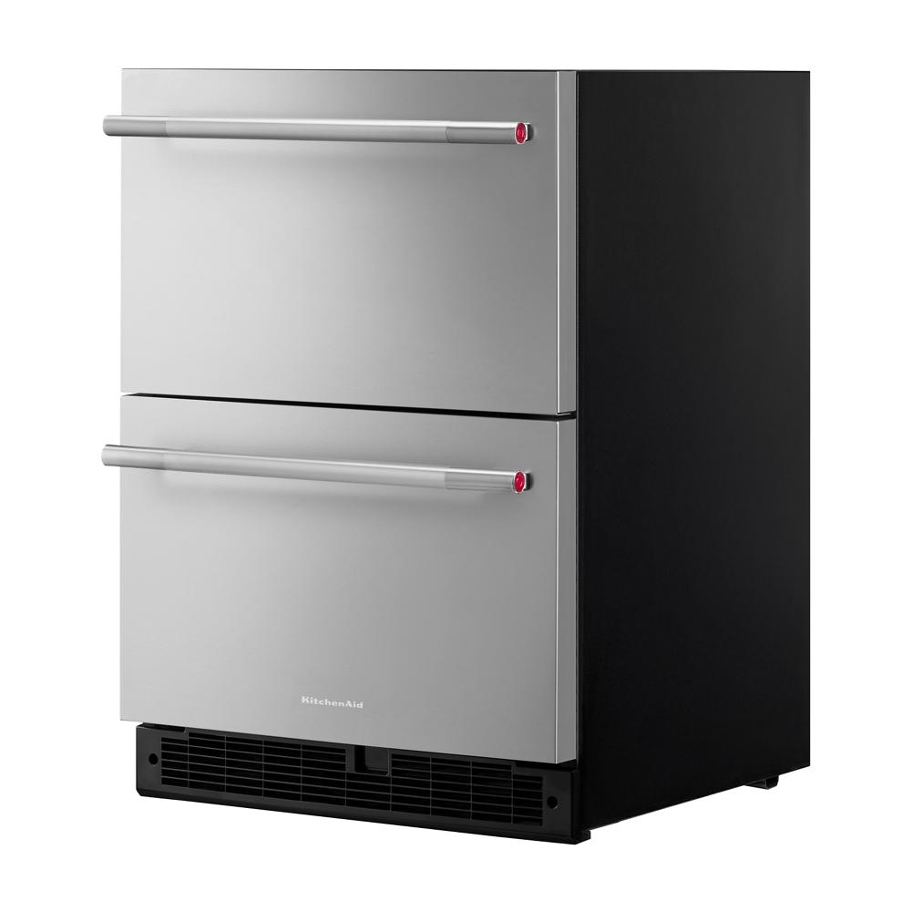 stainless steel double-drawer undercounter refrigerator with horizontal handles for kitchen appliances and home improvement