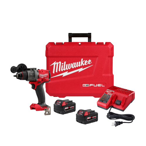 Red Milwaukee cordless hammer drill kit with two batteries, charger, and hard carrying case for tools and home improvement tasks