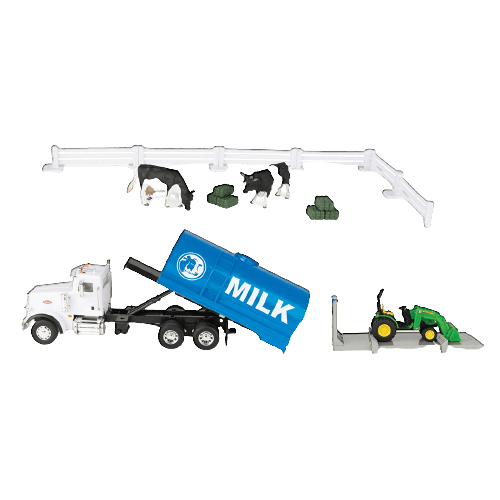 Toy farm playset with milk tanker truck, green tractor, cows, hay bales, and white fencing in vehicles and toys collection