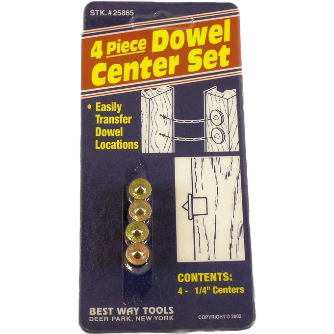 Set of four brass dowel positioning centers with packaging for woodworking and tool accessories collections