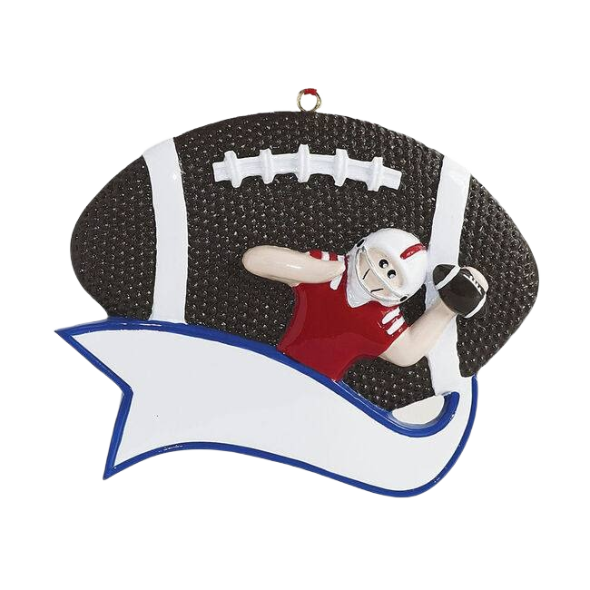 Boy in red jersey tossing football with large textured football and blank banner for personalized Christmas decor under 50 dollars