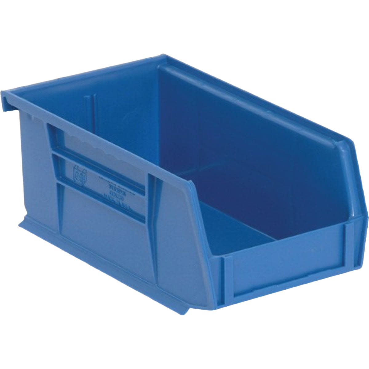 Small blue plastic storage bin with wide front opening for organizing parts in garage and countertop storage collections