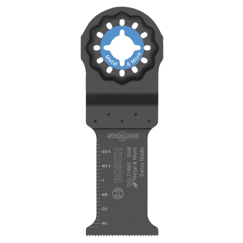 Black bi-metal oscillating blade with Starlock mounting system for wood and metal cutting in power tool accessories collections