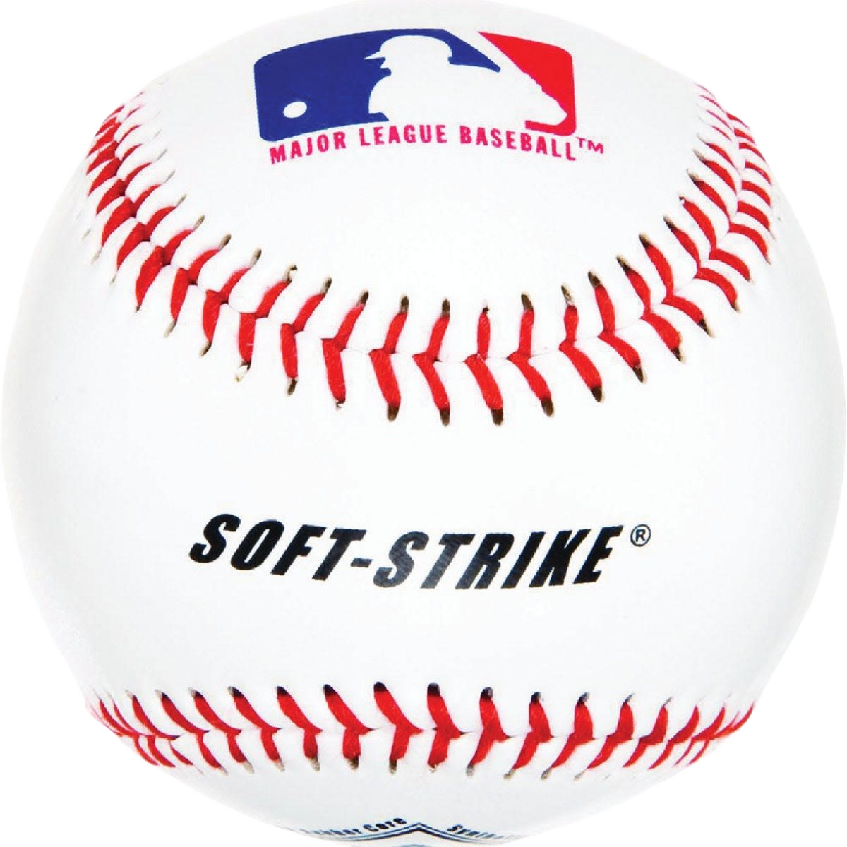 White soft-strike baseball with red stitching and Major League Baseball logo for sports and training use