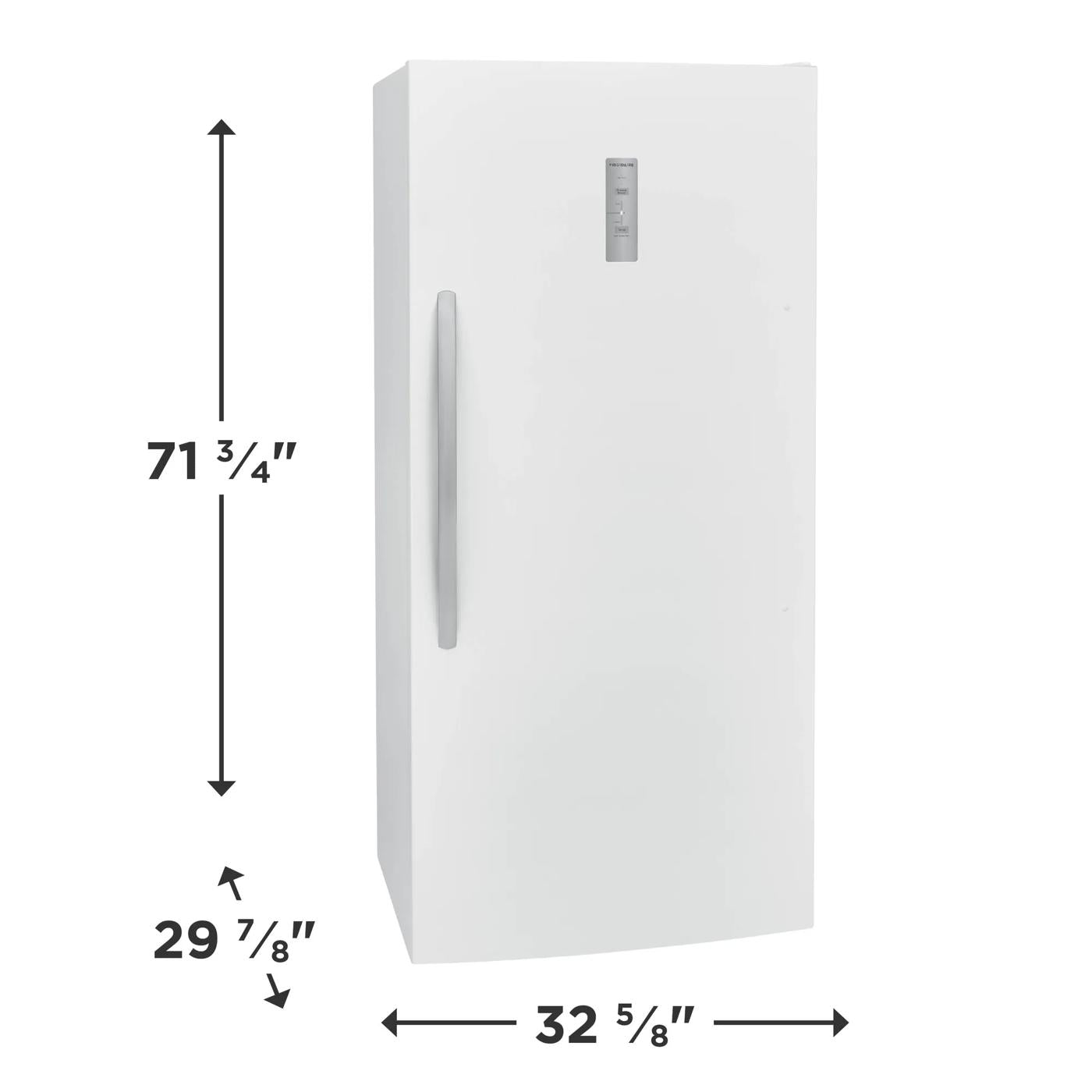 White upright freezer with vertical handle and front control panel, suitable for garage and home appliance use.