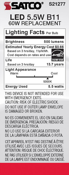 Satco LED 5.5 watt B11 bulb energy label showing brightness, lifespan, and energy cost for lighting and electrical projects under $50.