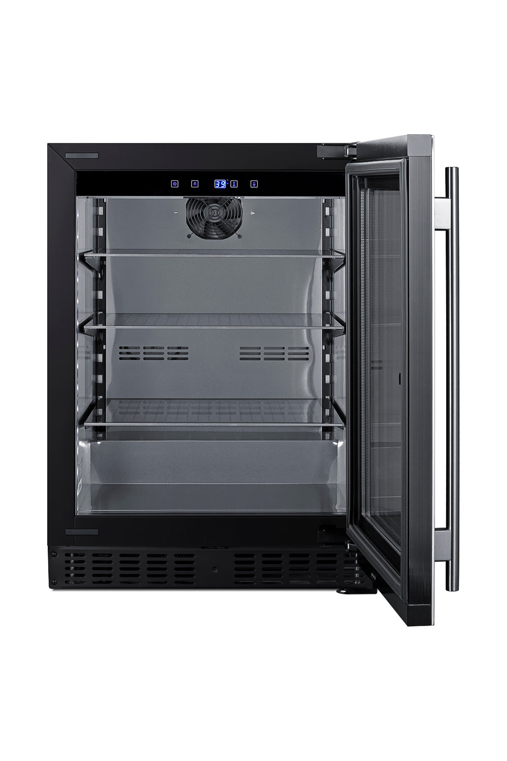 Open undercounter beverage center with glass door, black frame, digital controls, and adjustable wire shelving for kitchen use