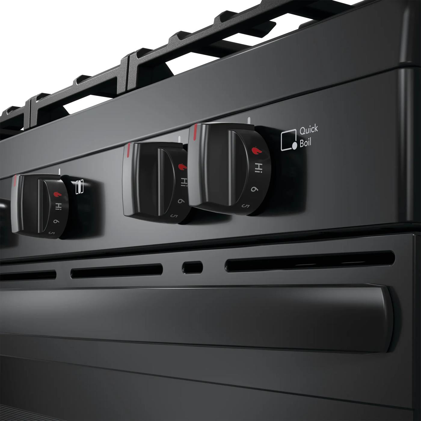 close-up of black gas range control knobs highlighting quick boil burner feature for kitchen appliances and home improvement