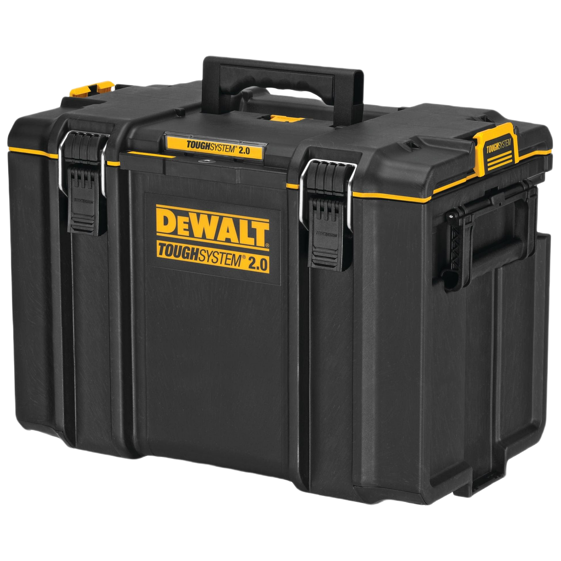 Black and yellow durable storage toolbox with reinforced latches for jobsite and workshop organization needs