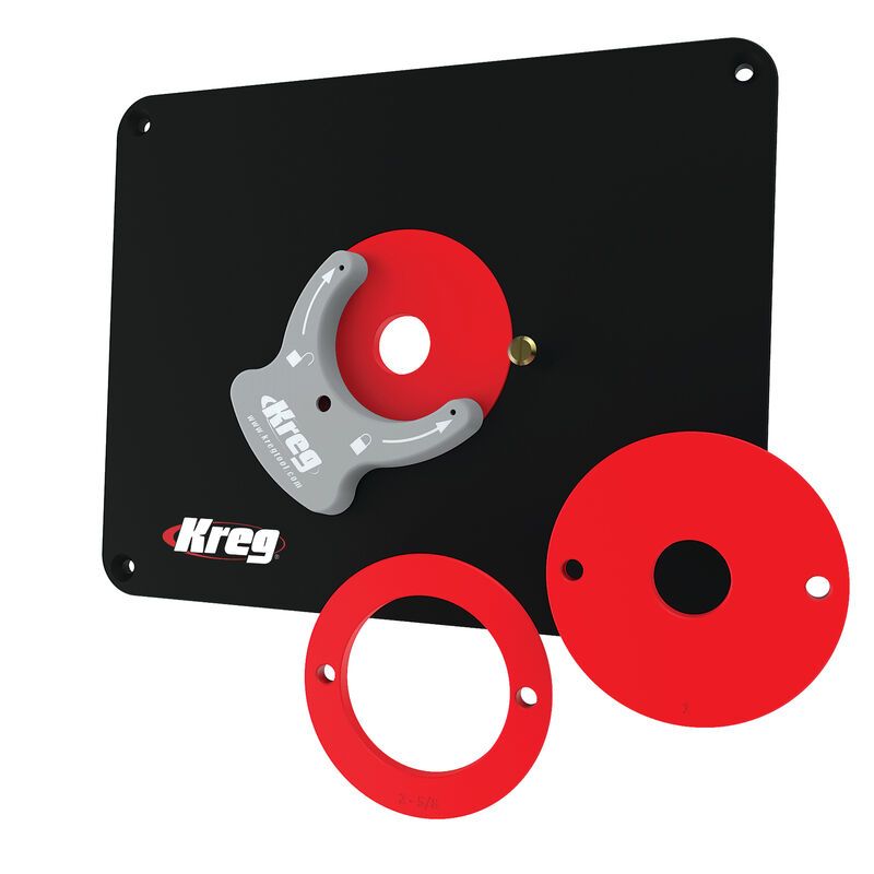 Black phenolic router table insert plate with red mounting rings and adjustable gray template for woodworking tool accessories under $100