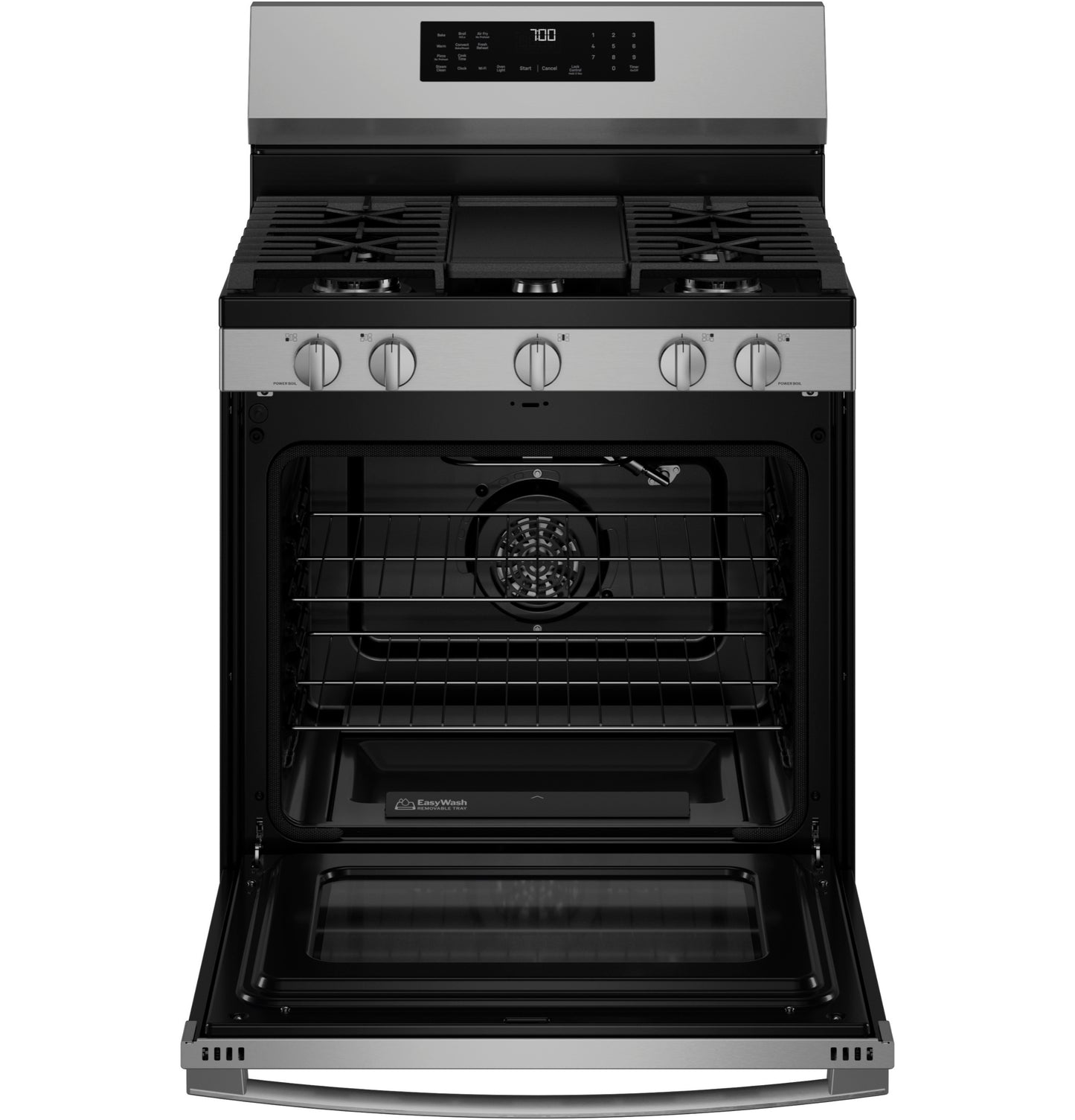 Freestanding stainless steel gas range with convection oven, digital controls, and open door in Ranges & Kitchenware collections