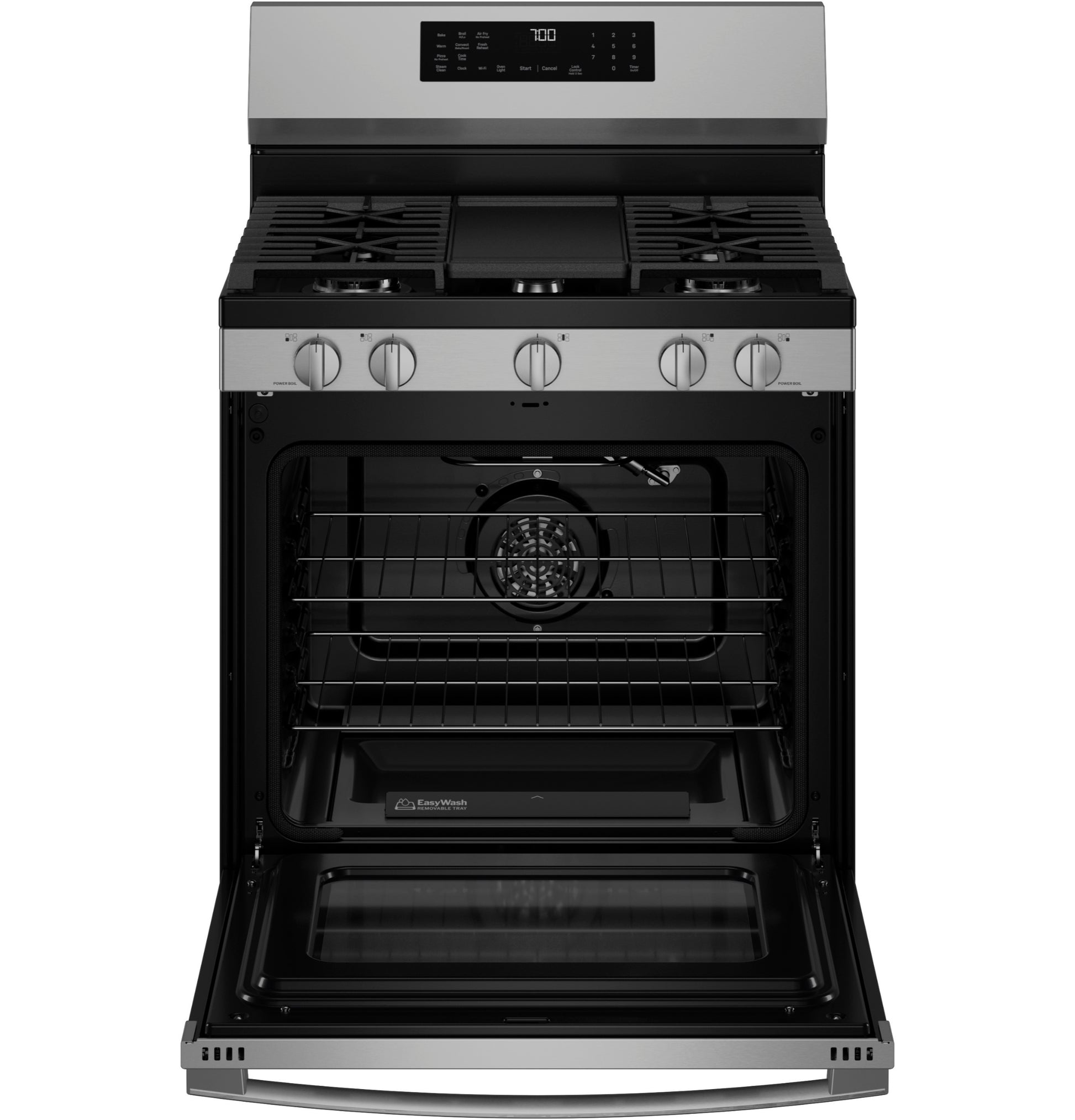 Freestanding stainless steel gas range with convection oven, digital controls, and open door in Ranges & Kitchenware collections